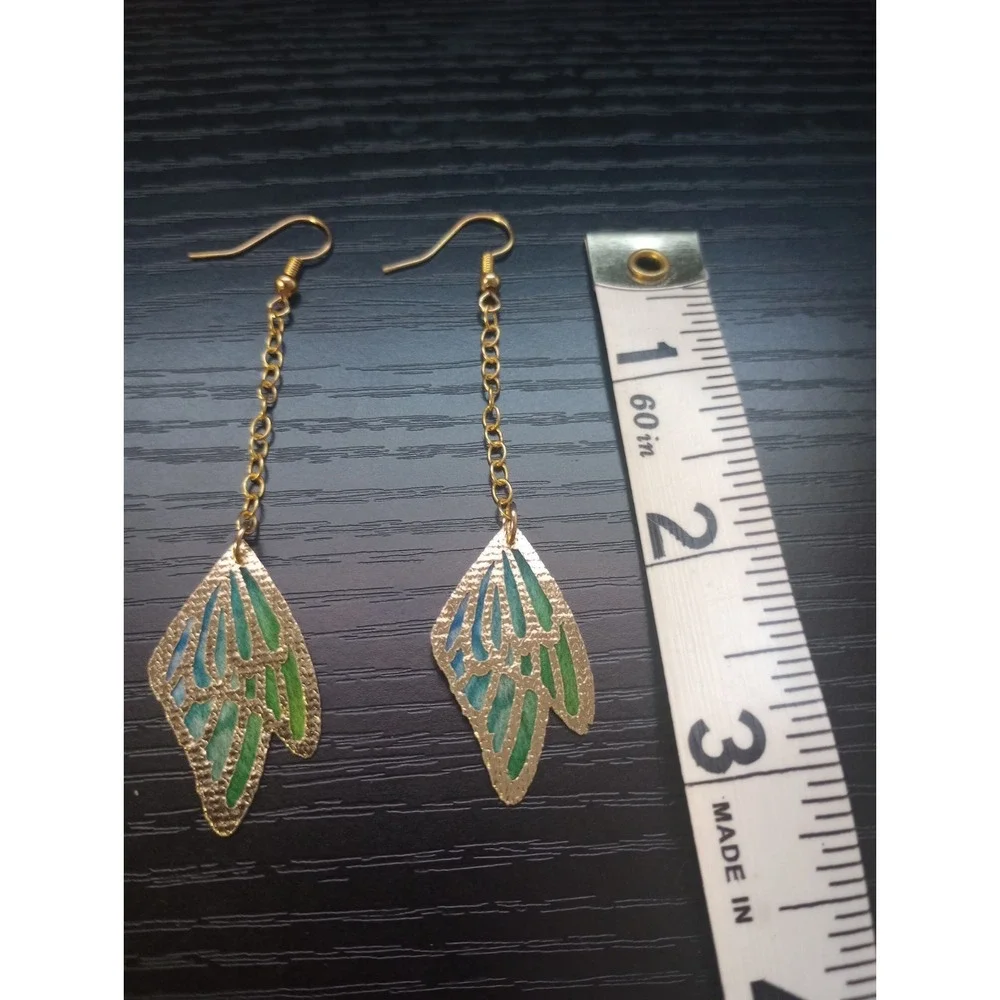 Butterfly Wing Dangle Earrings Gold Tone Chain Lightweight Fabric Cutout Boho - Picture 2 of 2